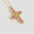 Collar cruz de la Virgen María dorado con cristaux de circón rosa forma de pera - Circonita Rosa