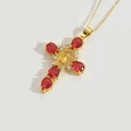Collar de cruz dorada con circonitas rojas talla pera y relieve de la Virgen - Zircón Rojo