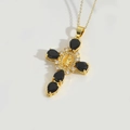 Vintage gold cross necklace with pear-cut black zircons and central Virgin Mary relief - Black Zirconia