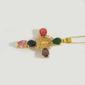 Elegant gold-plated cross necklace featuring colorful teardrop gemstones and religious icon - Colored Zirconia