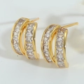 Golden C-shaped stud earrings with three rows of zircon stones and polished finish - Double Row White Zirconia Studs