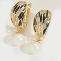 Vintage gold earrings with black enamel, sparkling zircon, and dangling white pearls - Drop Earrings / Gold Black Feather Enamel Artificial Pearl Style