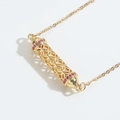Gold hollow cylinder pendant necklace with red crystals and fine link chain - Rose Red