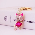 Sparkling gold fortune cat keychain with pink gem and crystals for women handbag decoration - Fuschia