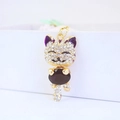 Cute lucky cat keychain in gold with purple gemstones and white rhinestones - Purple