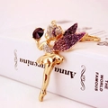 Elegant purple crystal ballerina fairy keychain charm in gold metal for car bags - Purple