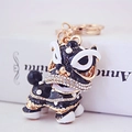 Porte-clés danse du lion chinois avec émail et strass brillants sur cadre doré - Emballage Individuel Sac OPP Unique / Noir & Or