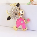 Cute cartoon cow keychain charm with white rhinestones and pink enamel finish - Deep Pink