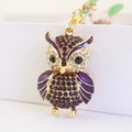 Charmanter lila Eulen-Schlüsselanhänger mit funkelnden Strasssteinen und goldenem Metall - Dunkellila