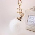 Cute rhinestone deer keychain with large white plush faux fur ball and golden metal ring - Gold Ears + White