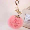 Cute pink faux fox fur pompom keychain with golden rhinestone deer pendant accessory - Gold Ears + Pink