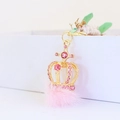 Llavero de corona rosa con brillantes y pompón de piel sintética para bolso mujer - Rosa