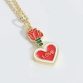 Sweet red rose and heart pendant necklace in golden finish with LOVE engraving - Rose LOVE