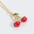 Collana dorata alla moda con ciondolo a ciliegia rossa lucida e foglia verde - Ciliegia