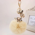 Cute cartoon donkey keychain with khaki rabbit fur pompom and rhinestone details - Black Ears + Yellow