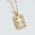 Fashionable gold chain necklace featuring a white shell cross pendant with crystal trim - Square Cross Style (XL3510-4)