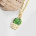 Cute cactus pendant necklace with green enamel and gold chain for women's fashion - Cactus