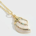 Golden seashell pendant necklace with pearl enamel and colorful pavé cubic zirconia - Conch (Beige)