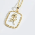 Golden 14k gold plated copper rectangular rose pendant necklace with white enamel - White