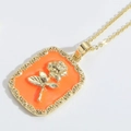 Golden square floral pendant necklace with bright orange enamel rose and 14k copper finish - Orange