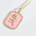 Vintage 14k gold plated copper necklace with pink enamel rose flower square pendant - Pink