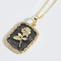 Vintage 14k gold plated copper necklace featuring a black enamel rose rectangle pendant - Black