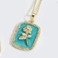 Vintage 14k gold plated square pendant with turquoise enamel and rose design - Green