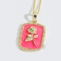 14K gold plated rectangular pendant necklace with pink enamel and gold rose design - Rose Red