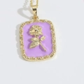 14k gold plated rectangular pendant necklace with purple enamel and embossed rose design - Purple