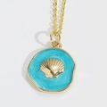 Retro Halskette mit goldenem Muschelrelief und funkelndem himmelblauem Emaille-Anhänger - Blau (XL3602-4)