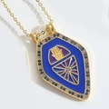 Blue enamel shield pendant necklace with gold Fatima hand and zircon accents - Sapphire Blue