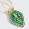 Hamsa Hand shield pendant necklace with green enamel, purple zircons and gold chain - Green