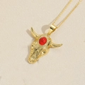 Vintage gold bull head necklace featuring a red marble textured stone inlay pendant - Red Zirconia (Gold)