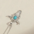 Vintage silver bull head pendant necklace with turquoise stone inlay for women - Blue (Silver)