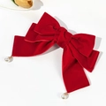 Elegante fermaglio per capelli in velluto rosso con pendenti di perle e fiocco - Rosso