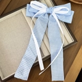 Pasador de pelo con lazo de encaje a cuadros azules y cintas estilo dulce Lolita - Gingham Azul Blanco Multi-capa Cinta Lazo (4#)