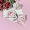 Close-up of pink ribbon bow hair clip with camellia flower and pearl pendant detail - 3# Pink Short