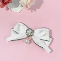 Detailed macro view of white silk bow hair clip with camellia flower and pearl pendant - 2# White Short