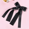 Elegante pasador de pelo con lazo negro de doble capa, bordes ondulados blancos y cintas - Negro