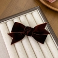 Detailed close-up of dark brown velvet bow hair clip on a minimalist jewelry tray - Brown