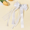 Gedetailleerde macro-opname van witte kanten strik haarclip met kristallen hanger en stras - Wit