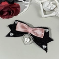 Gothic bow hair clip with pink ribbon, heart charms and dark aesthetic rose details - 6# (Black Plush/Pink Ribbon)