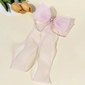 Fermaglio per capelli con fiocco in organza rosa, perle e fiore di strass - Rosa