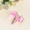 Detail of pink cherry pattern bow hair clip with ribbed ribbon and metal BB clip - Pink (Cherry Style)