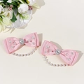 Fermagli per capelli a fiocco rosa con strass a cuore e frange di perle eleganti - Rosa