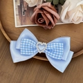 Detail van een blauwe geruite strik haarclip met hart-strass op houten plateau - Blauw