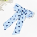 Light blue bow hair clip with dark blue heart patterns and long ribbon streamers - 6# (Blue Heart with Long Streamer)