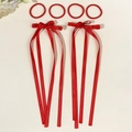 Set de seis accesorios rojos para el pelo con lazos de raso largos y gomas elásticas - Rojo