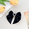 Elegante pasador de pelo de satén negro con corazón de diamantes de imitación franceses - Negro