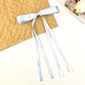 Close-up of light blue satin ribbon bow with long tassels on textured paper background - Blue